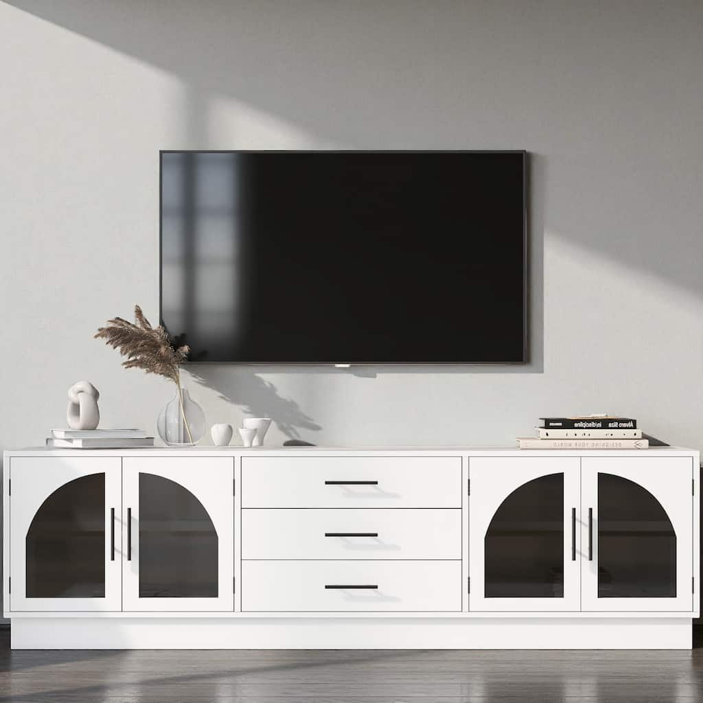 68.9'' Modern Minimalist TV Stand with Glass Doors, 3 Drawers & Adjustable Shelves, Fits TVs up to 75''