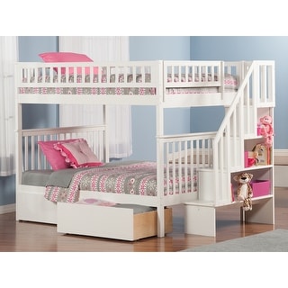 Woodland Full over Full Solid Wood Staircase Bunk Bed with 2 Storage Drawers in White
