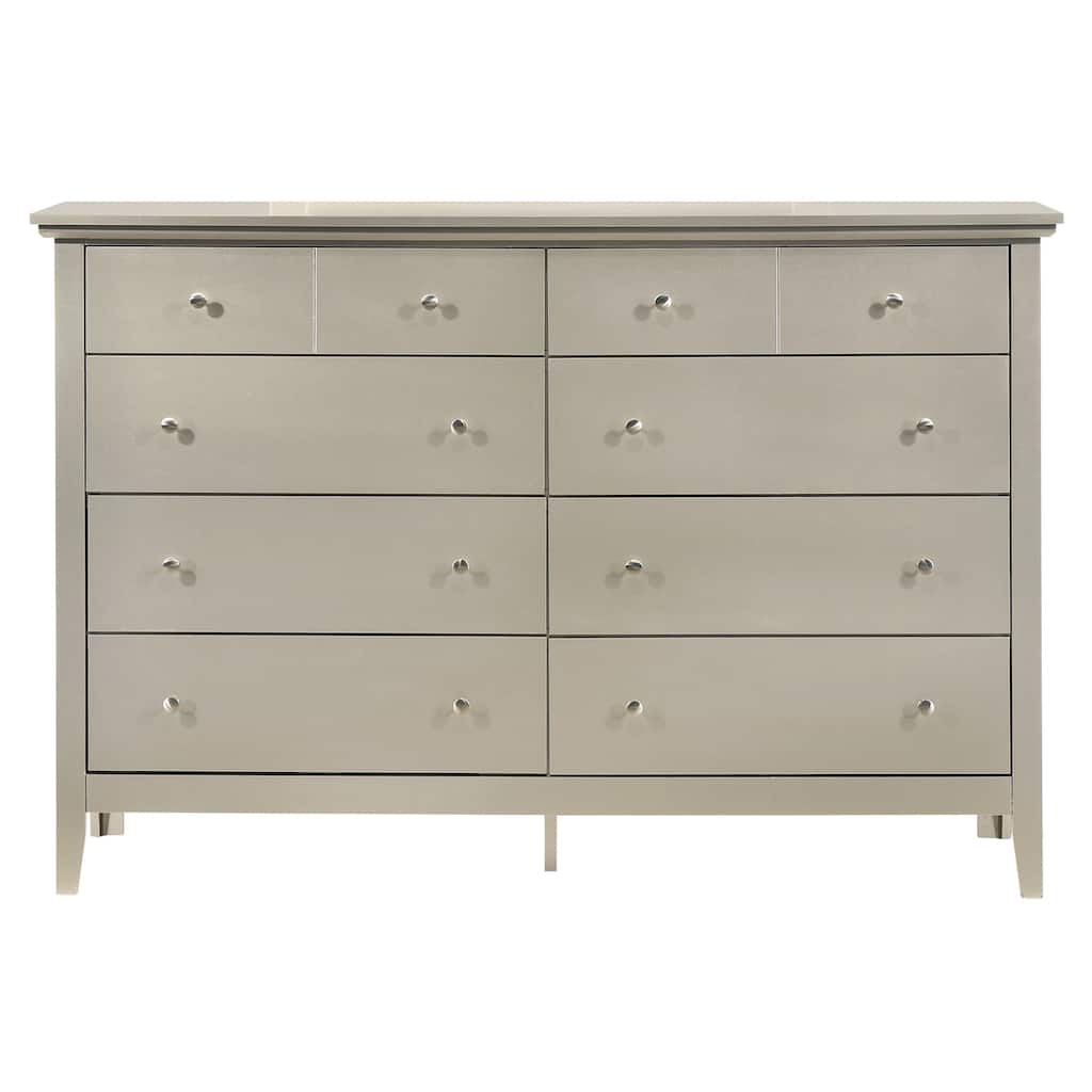 10-Drawer Silver Champagne Double Dresser with Luxurious Finish, Ample Storage, and Elegant Bedroom Styling