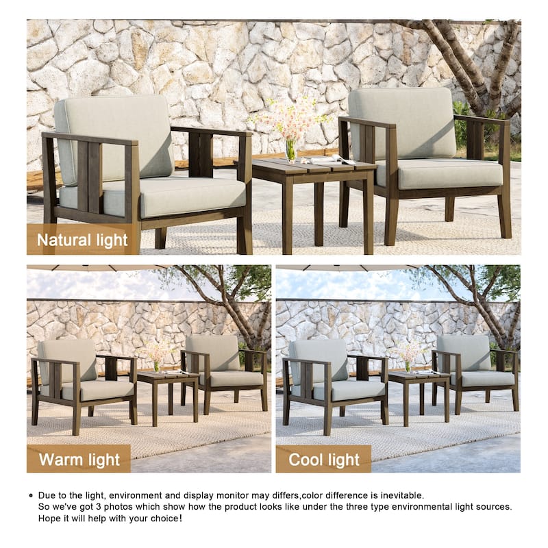 Teak Wood Upholstery Water-resistant Outdoor Armchair and Side Table Set (Set of 3)