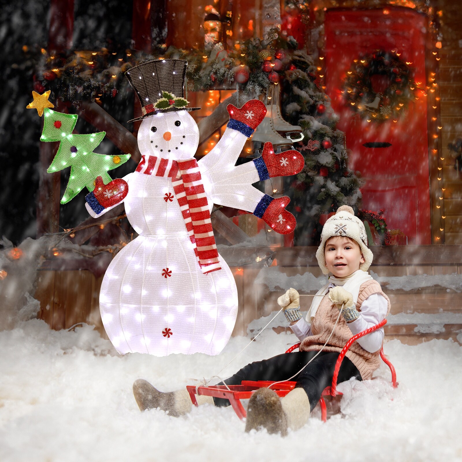 Pre-Lit 2D Snowman Waving Hands Christmas Yard Decorations