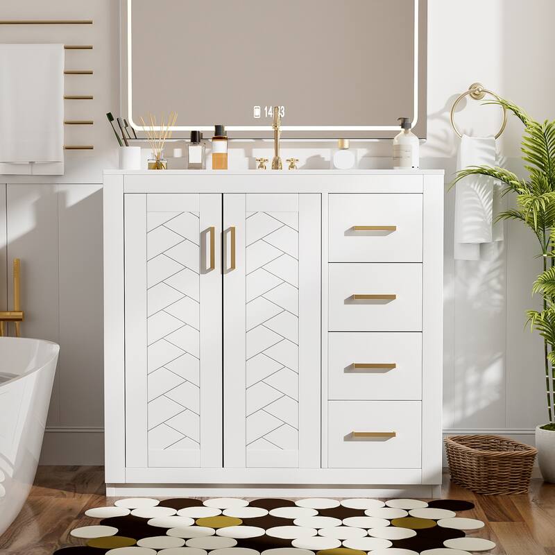 GDFStudio 36'' Bathroom Vanity with Ceramic Sink,Freestanding Vanity Set with 3 Drawers& Soft Closing Doors - White