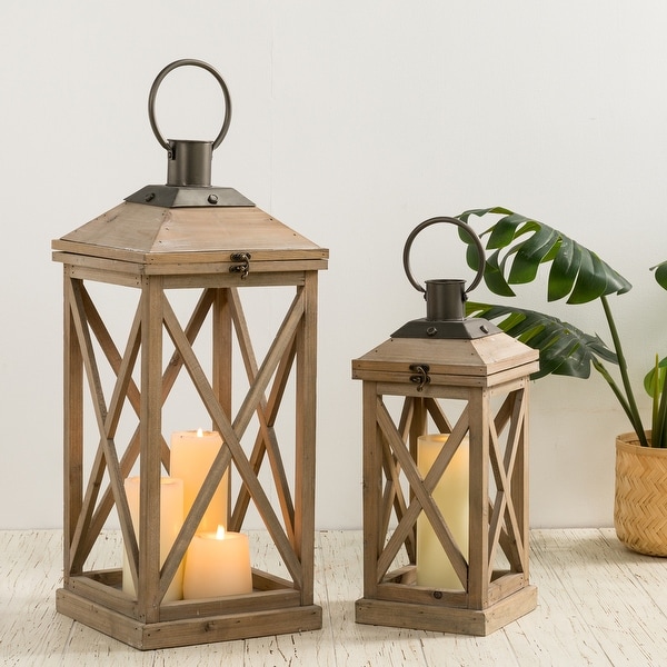 Glitzhome Set of 2 Modern Farmhouse Wooden Lantern - 24"+17". Opens flyout.