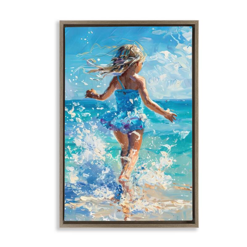 Stupell Girl Splashing on Shore Framed Floater Canvas Wall Art Design By LSR Design Studio - 21 x 31 - Brown