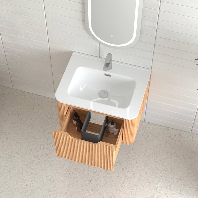 24" Wall-Mounted Floating Bathroom Vanity Pre-Assembled Curved Edge Storage Bathroom Cabinet with White Ceramic Basin