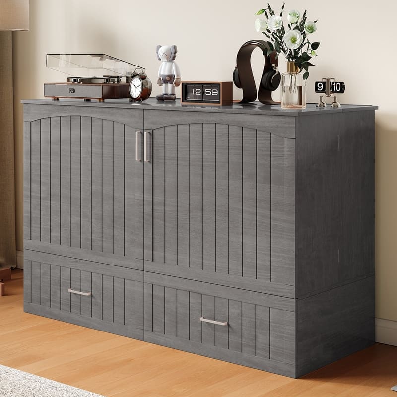 Mixoy Queen Modern Murphy Bed Cabinet with Charge Station,Mattress,Drawers