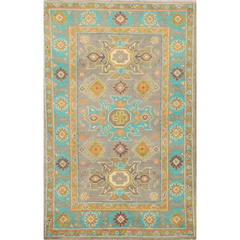 Geometric Grey Kazak Oriental Accent Rug Handmade Wool Carpet - 2'6" x 4'5"