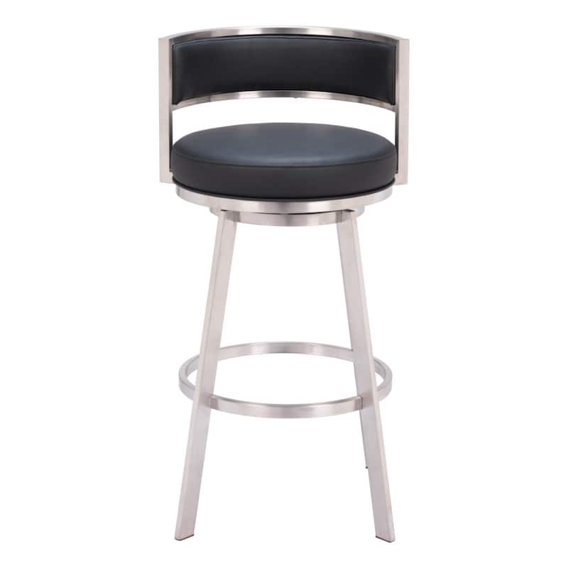 Modern 31-Inch Black & Silver Swivel Bar Stool – Faux Leather Low Back Bucket Seat with Footrest - 20.1" x 20.1" x 38.2"