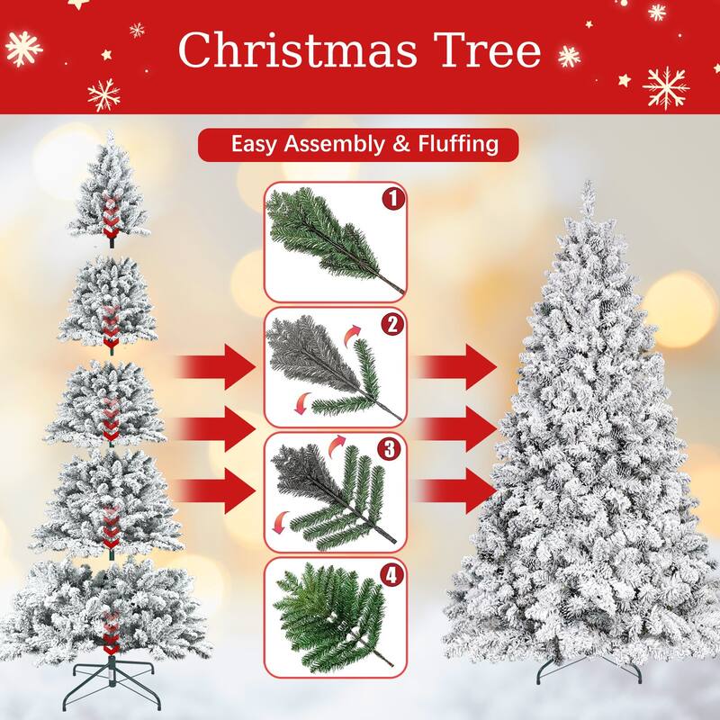 4FT Flocked Christmas Tree with Pine Cones-Snowy PVC Artificial Tree, 366 Branch Tips, 21 Natural Pinecones, Sturdy Metal Stand