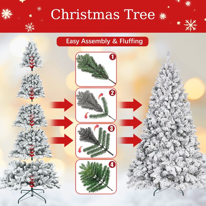 Flocked Artificial Christmas Tree - Snowy PVC Branches, Pine Cones, Metal Stand, Full Shape - Green,White