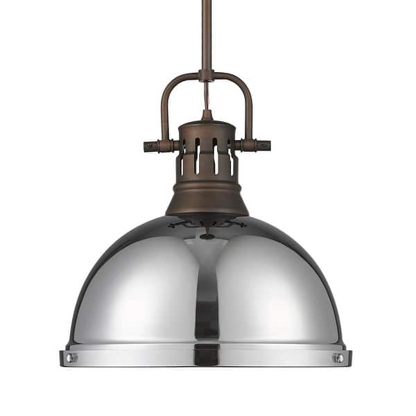 slide 2 of 2, Yep by Golden Lighting Duncan 1-light 14in Rod Hung Pendant in Rubbed Bronze and Chrome shade