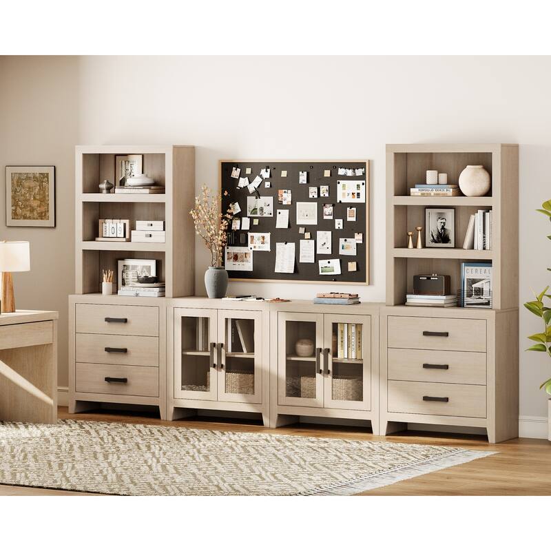 WAMPAT Farmhouse Entertainment Center with Bookshelves, Modular TV Stand with Drawers & Glass Doors - 126"W x 72.2"H x 15.4"D