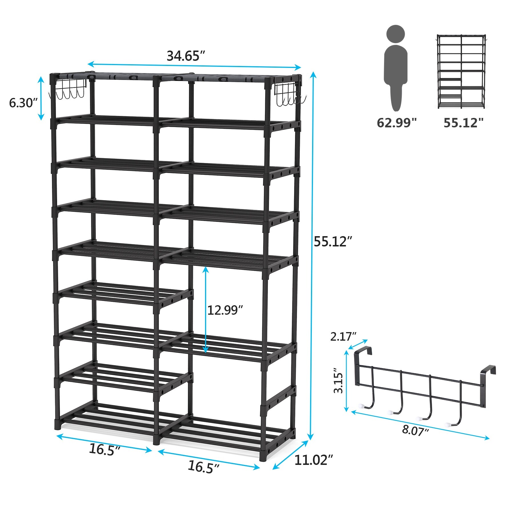 Shoe Rack Organizer,32-40 Pairs Shoe Storage Shelf,9 Tiers Shoe Stand, ShoeRack for Closet,Boot Organizer with 2 Hooks,Stackable Shoe Tower –  Built to Order, Made in USA, Custom Furniture – Free Delivery