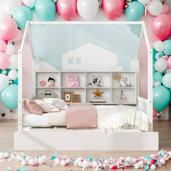 slide 2 of 47, Modern Full Size House Bed Kids Bed with Trundle and Shelf,Solid Construction