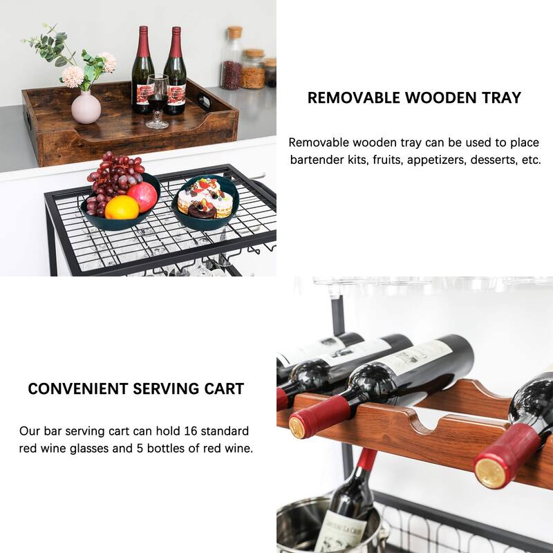 Industrial Bar Cart with Storage and Glass Holder, Removable Wood Tray
