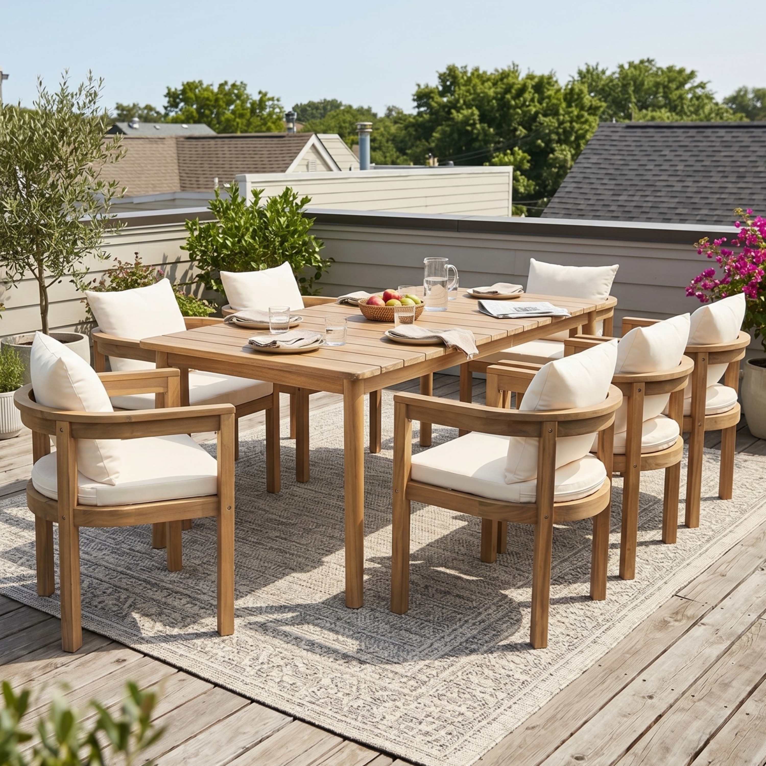 Christopher Knight Home - Outdoor Solid Acacia Wood 9-Piece Dining Set with Cushioned Chairs and Large Rectangular Table