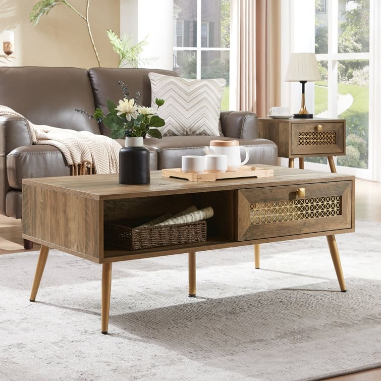 42" W Wood Rectangular Coffee Table with Storage Shelf and Drawer - Rustic Oak