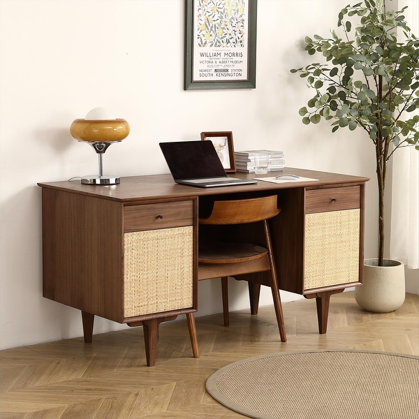 Black Walnut Desk with Rattan Net Large Computer Workstation with