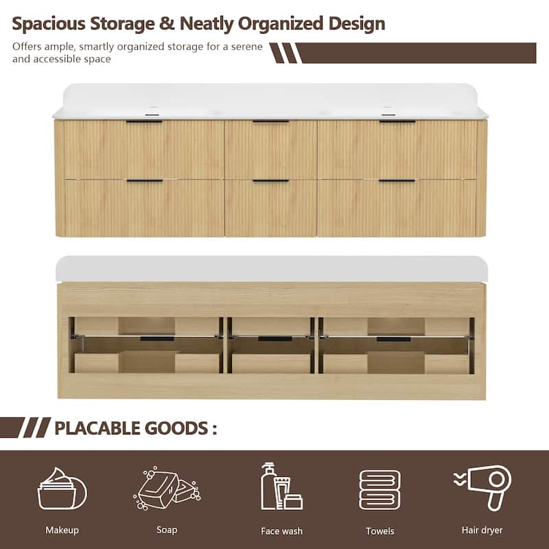 72" Floating Bathroom Vanity with Integrated countertop Rectangular Sink Solid Wood