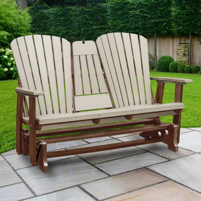 American Furniture Classics Two Seat Fan Back Glider with Drop Down Table/Cup Holder - N/A - Weatherwood on Tudor Brown