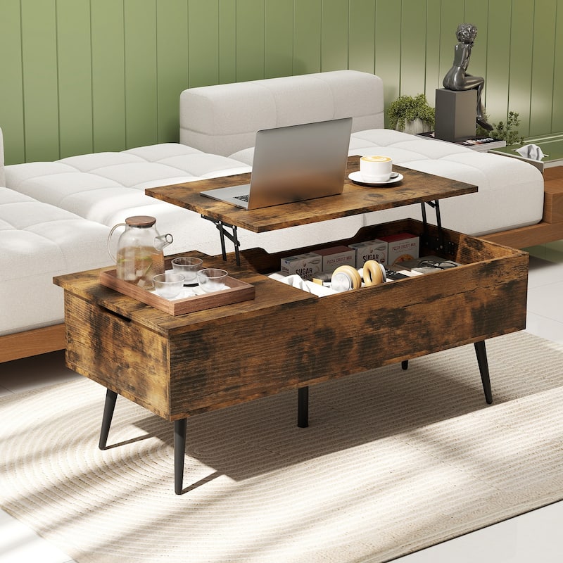 Gymax Mid Century Modern Center Table w/ Split Top & 2 Hidden