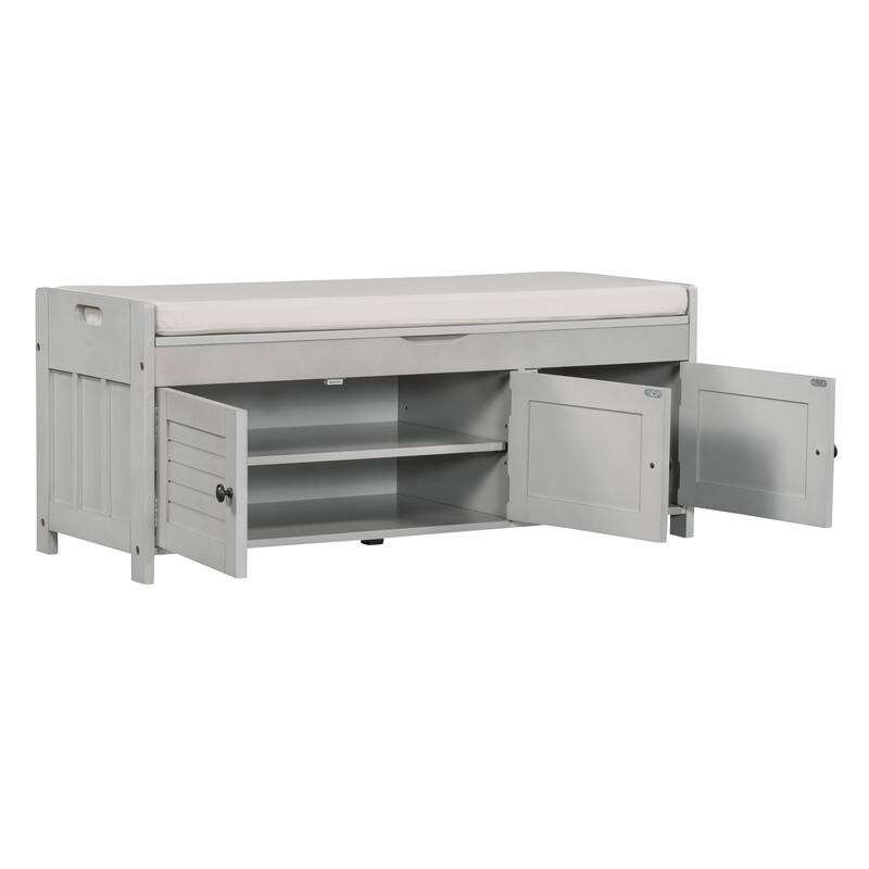 Rustic Upholstered Storage Bench with Shutter-Shaped Doors & Removable Cushion for Farmhouse Decor