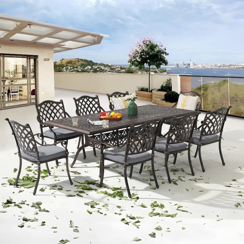 Aluminum 9-Piece Outdoor Rectangular Dining Set with Cushions & Umbrella hole