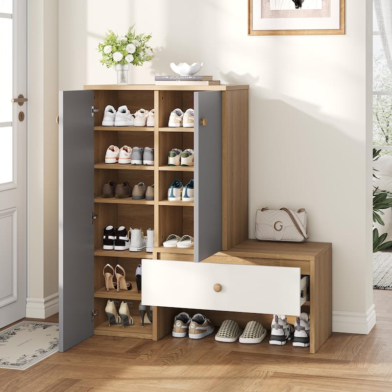 43.25" Shoe Storage Cabinet Bench with 6 Adjustable Shelves