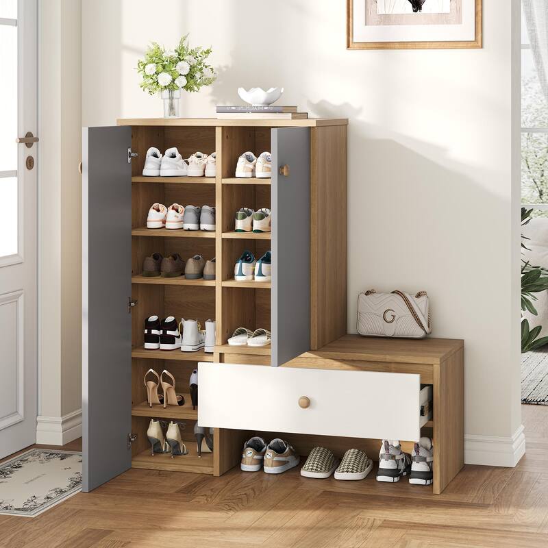Anmytek 12 Pair Entryway Shoe Cabinet with Bench, 6 Tier Adjustable Shelves, White Gray