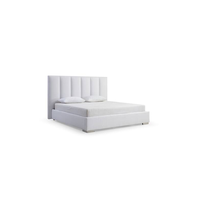 Queen Velvet Bed - Antique Ambiance, White Linen Blend Fabric, Stainless Steel Legs, Modern Design