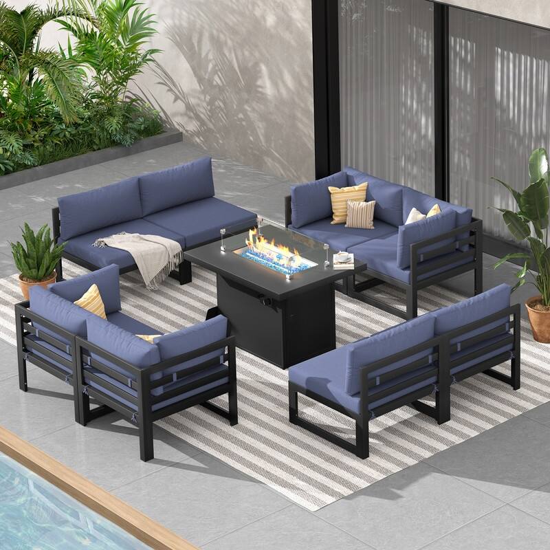 9-Piece Aluminum Outdoor Furniture Set With Fire Pit Table Propane/Natural Gas 60,000 BTU, Extra Large Aluminum Patio Sectional