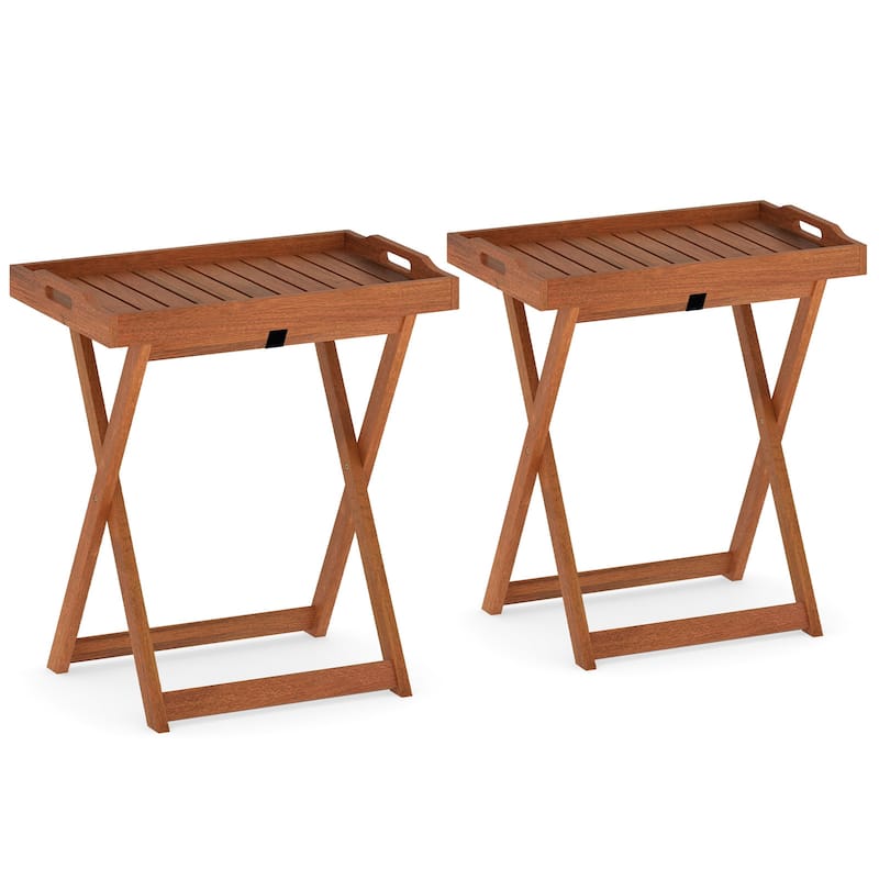 Gymax Solid Wood Tray Table Set of 2 w/Removable Top Rectangular TV