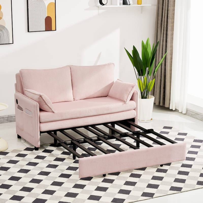 Roomfitters 55" Modern Corduroy Sofa Bed with Pull-out Sleeper Design, Modular Daybed with Storage Pocket & Pillows