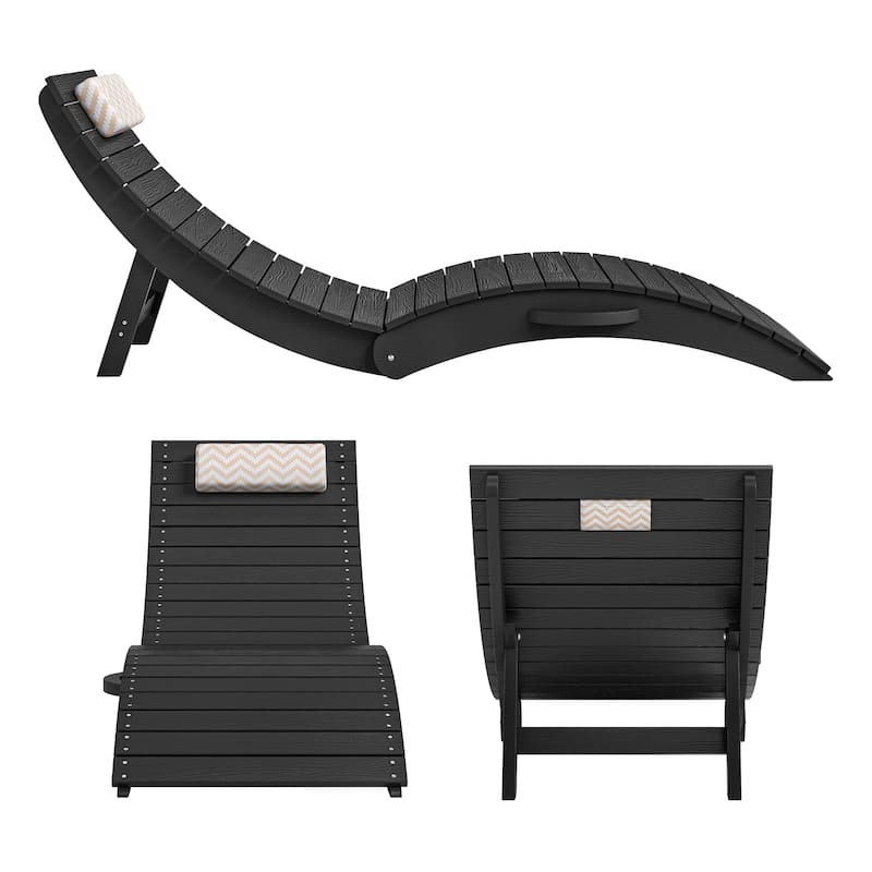 2-Piece Folding HDPS Plastic Outdoor Pool Chaise Lounges with Headrest Cushion