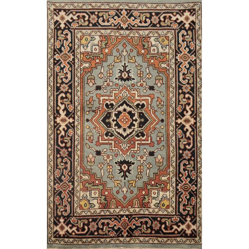 Hand Knotted Oriental 100% Wool Carpet Traditional Medallion Greys & Charcoal Heriz (serapi) Area Rug - 5' 9'' X 4' 0''
