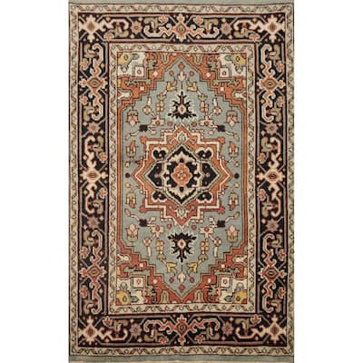 Hand Knotted Oriental 100% Wool Carpet Traditional Medallion Greys & Charcoal Heriz (serapi) Area Rug - 5' 9'' X 4' 0''