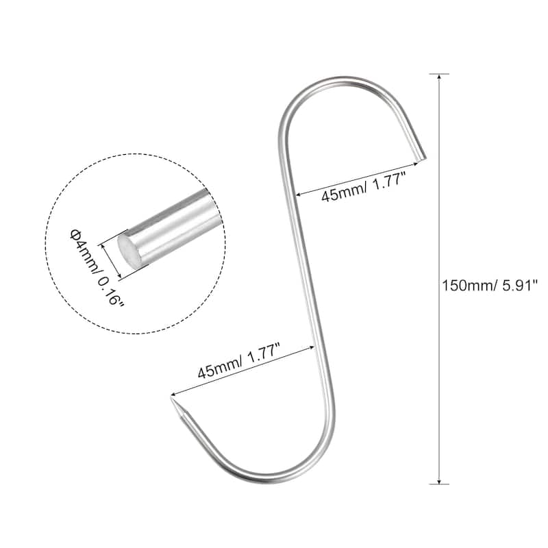 Meat Hooks, Stainless Steel S-Hook Meat Processing for Fish Beef 4Pcs - Silver Tone - 5.91", 0.16" Thick