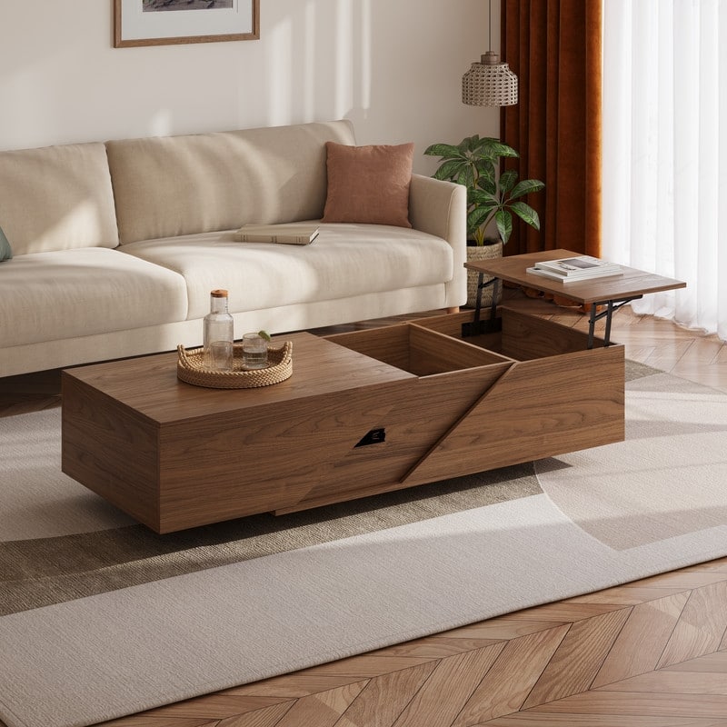 47" Modern Mid-Century Lift Top Trunk Coffee Table with Divided Storage, Dual-Zone Design for Living Room - Brown