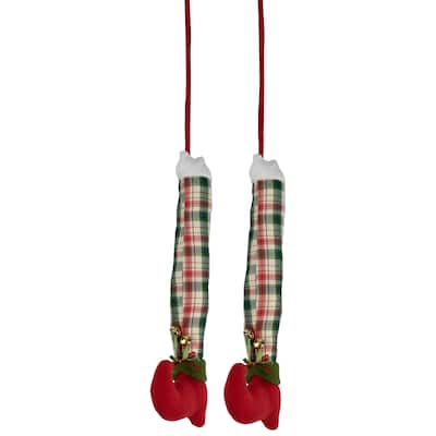 Set of 2 Red and Green Plaid Plush Elf Leg Christmas Picks 30"