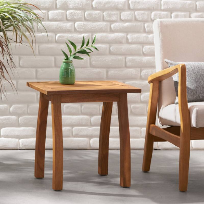 Roomfitters Patio Conversation Set, 2 Outdoor Armchairs with Cushions & Selma Acacia Wood End Table, Teak Finish