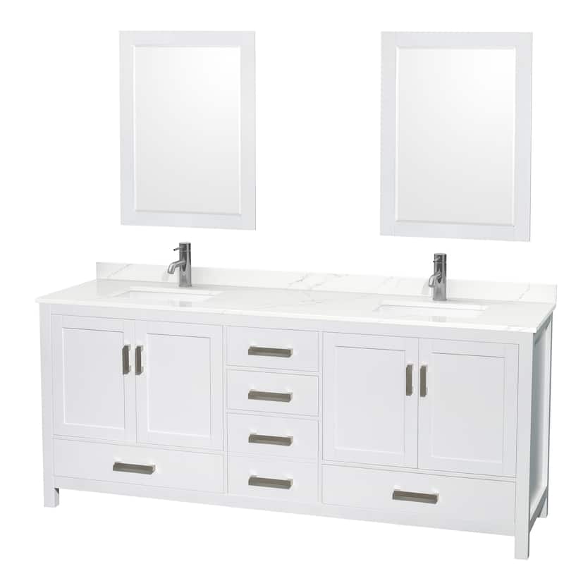 Sheffield 80-inch Double Vanity,Single Hole Quartz Top,24-inch Mirrors - White, Chrome Trim, Giotto Quartz Top
