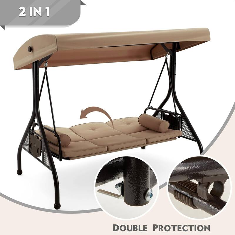 Outdoor 3-Seat Porch Swing with Adjustable Canopy & Cup Holder,Porch Swing Glider Chair, Heavy-Duty Steel Frame