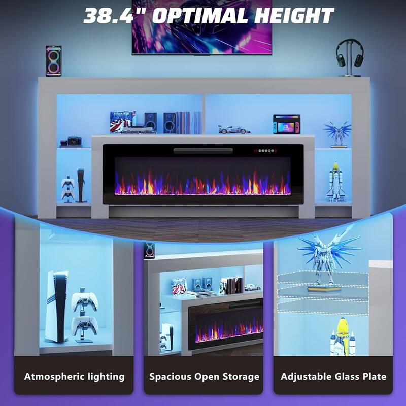 BOSSIN 82" Fireplace TV Stand with 50" Fireplace, Entertainment Center for TVs Up to 90", Console Cabinet With LED Light