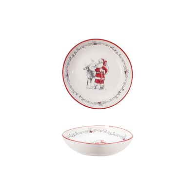 Stoneware Bowl with Santa and Reindeer Image and Rim