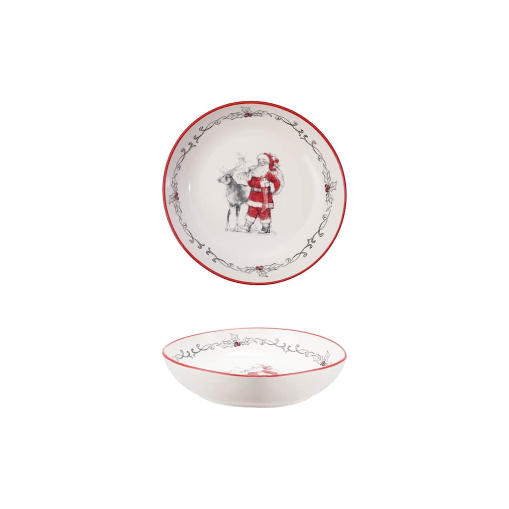 Stoneware Bowl with Santa and Reindeer Image and Rim