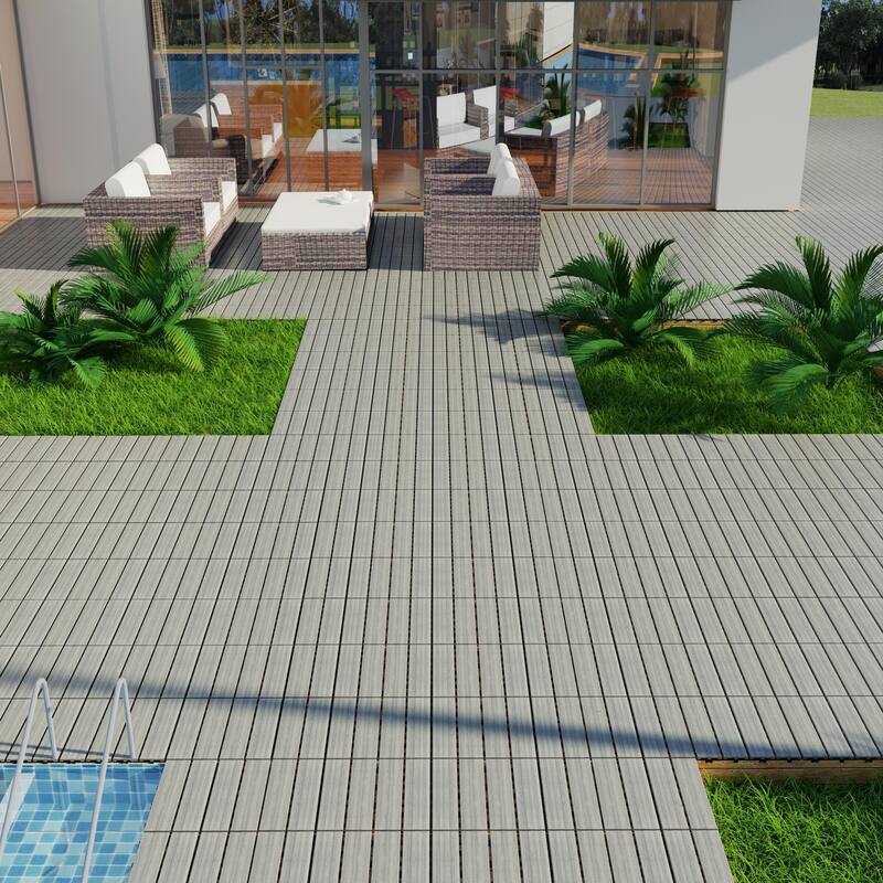 Patio Floor Tiles Pack of 22 WPC Wood-Plastic Composite Patio Deck Tiles DIY Interlocking Decking Tiles, Water Resistant