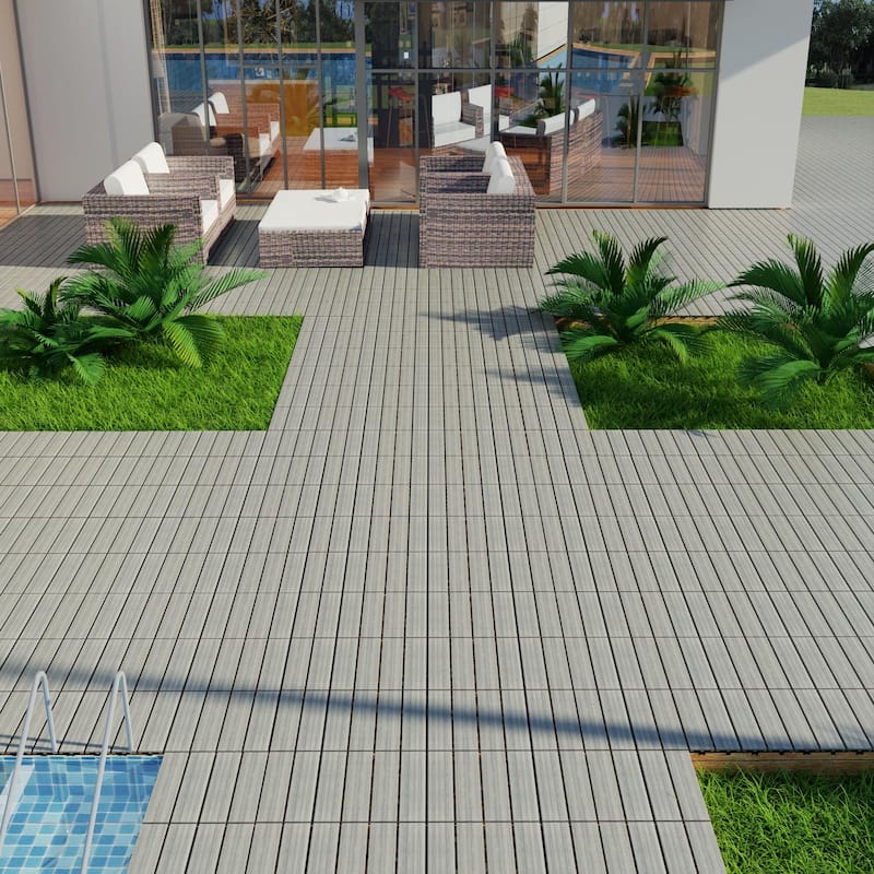 Patio Floor Tiles Pack of 22 WPC Wood-Plastic Composite Patio Deck Tiles DIY Interlocking Decking Tiles