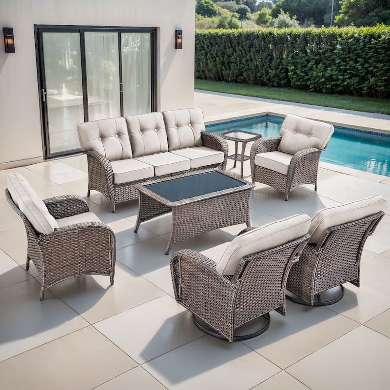 TWrap 7-Piece Patio Brown Wicker Sofa Conversation Set with 5-Inch Thick Cushions