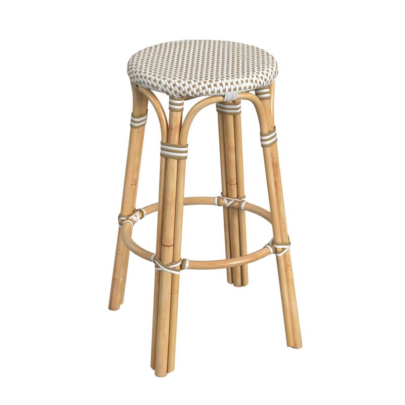 Tobias Rattan Round Bar Stool - White/Tan Dot / Natural Rattan Frame