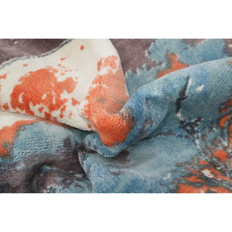 Hand Knotted Oriental Viscose Silk Carpet Modern Pictorial Multi-Colored Abstract Area Rug - 7' 3'' X 5' 2''